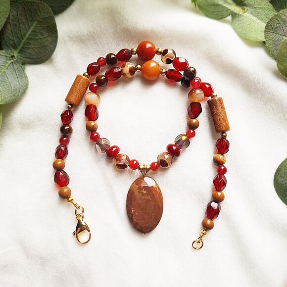 Brown Jasper & Red Jade Beaded Pendant Necklace - 24k Gold Plated Stainless - Picture 1 of 16